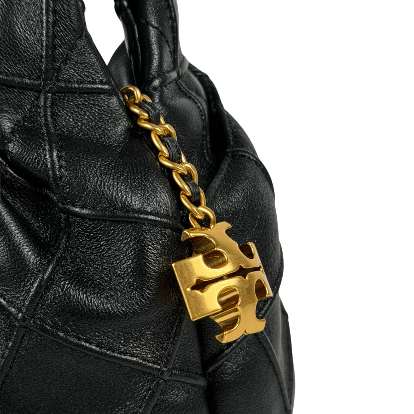 TORY BURCH Black Leather Mini Fleming Soft Hobo Bag with Hanging Logo Charm
