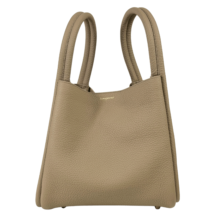 SONGMONT Taupe Beige Full Grain Leather Large Song Bucket Bag With Crossbody Strap