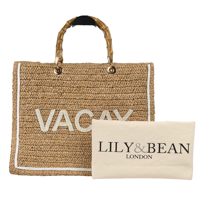 LILY & BEAN Beige Raffia Tote Beach Bag "VACAY" With Bamboo Handles
