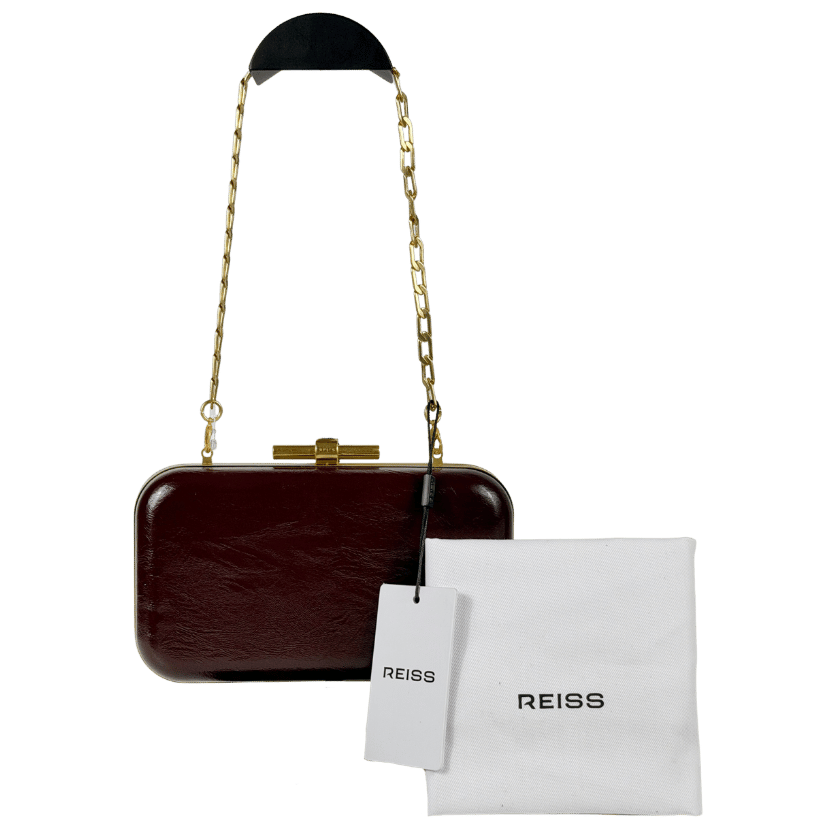 REISS Junie Patent Box Clutch Bag In Burgundy