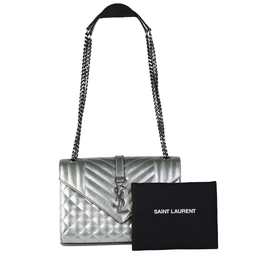 YSL Silver Leather Tri Quilt Monogram Medium Envelope Chain Bag
