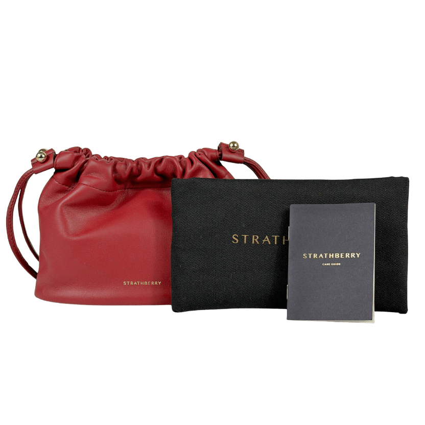 STRATHBERRY Oxblood Leather Charlotte Drawstring Pouch Bag with Shoulder Strap