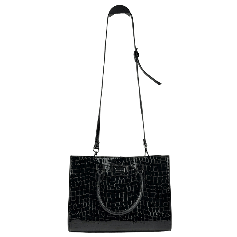 Russell & Bromley Black Patent Croc Leather Tote Bag With Inner Pouch & Crossbody Strap One