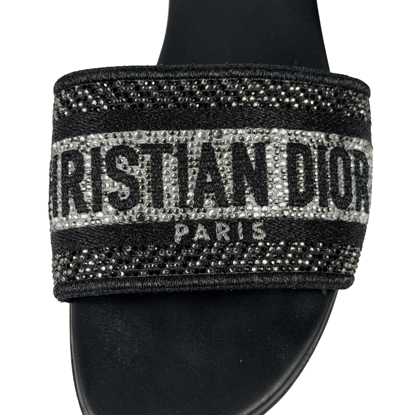 DIOR Black Black/silver Canvas Crystal Embellished Dway Flat Slides UK 5 EU 38