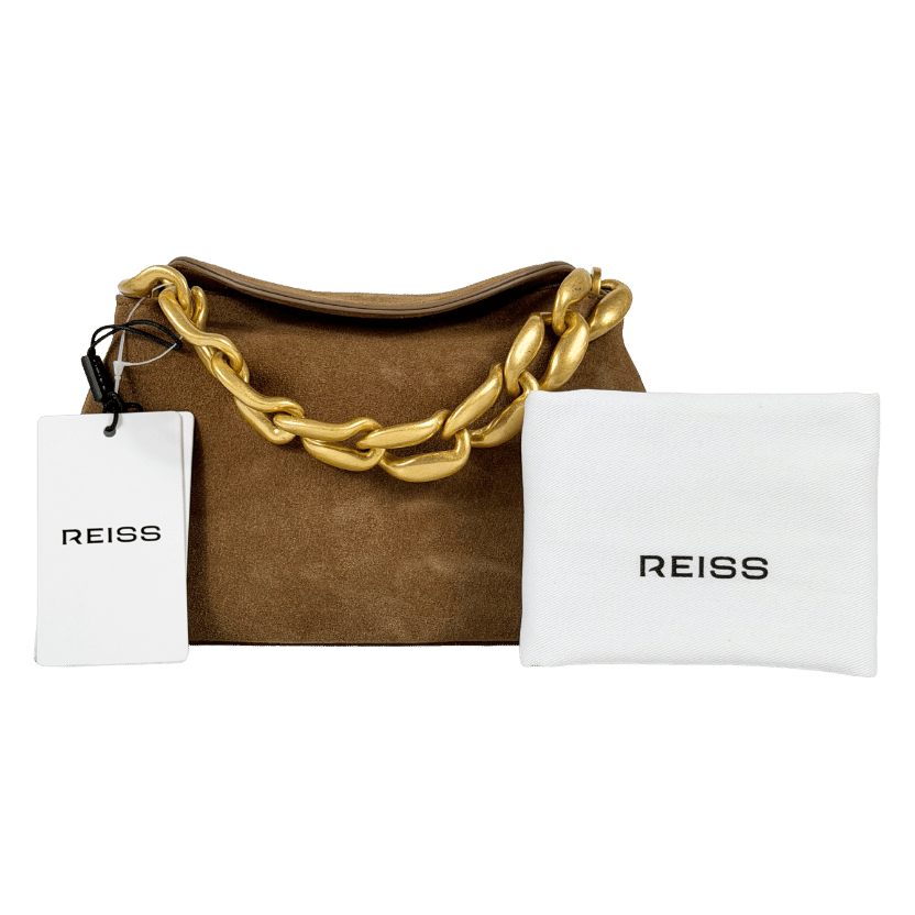 REISS Tan Brown Peony Suede Chain Grab Bag e