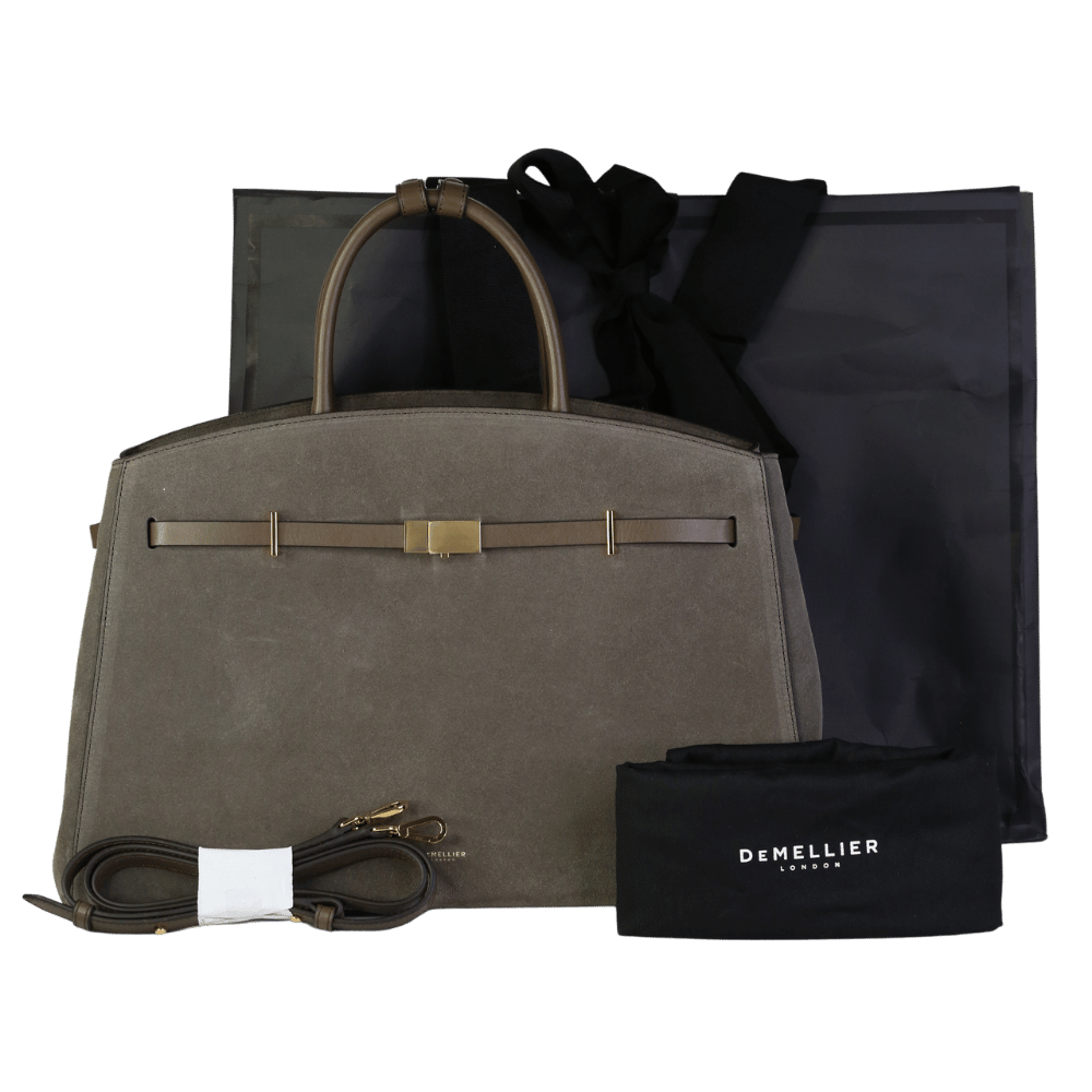 Demellier London Deep Olive Suede & Smooth Leather Hudson Bag With Shoulder Strap