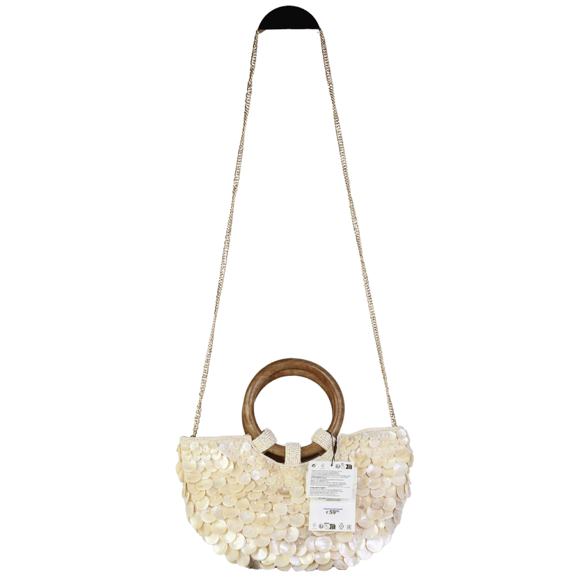 ZARA Cream Crteam Shell Embellished Bag With Wooden Handles And Gold Chain Strap One Size