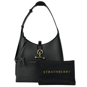 STRATHBERRY Black 100% Calf Grained Leather Kite Hobo Bag With Gold Hardware