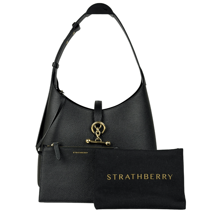STRATHBERRY Black 100% Calf Grained Leather Kite Hobo Bag With Gold Hardware