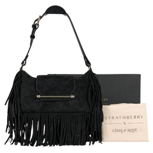 STRATHBERRY X Cinq A Sept Black Suede Leather Multrees Omni Zipped Fringed Bag