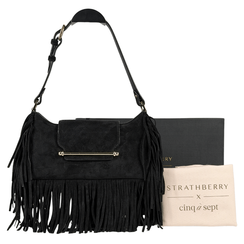 STRATHBERRY X Cinq A Sept Black Suede Leather Multrees Omni Zipped Fringed Bag