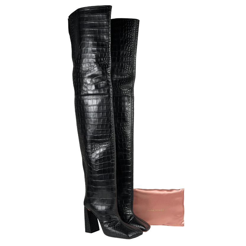 AMINA MUADDII Black Leather Croc Embossed Over-the Knee Boots UK 5 EU 38