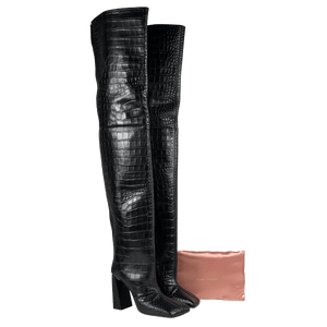 AMINA MUADDII Black Leather Croc Embossed Over-the Knee Boots UK 5 EU 38