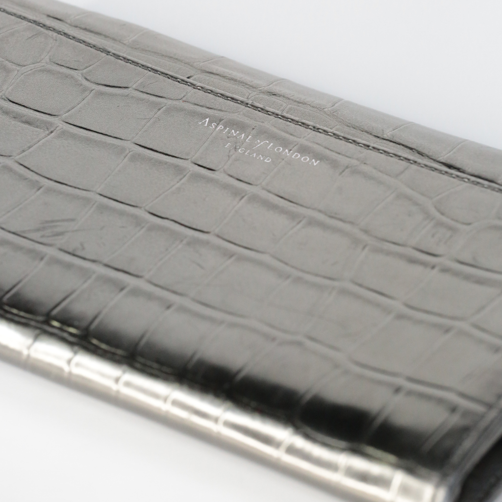 Aspinal Of London Metallic Gunmetal Croc Embossed Leather Clutch Bag