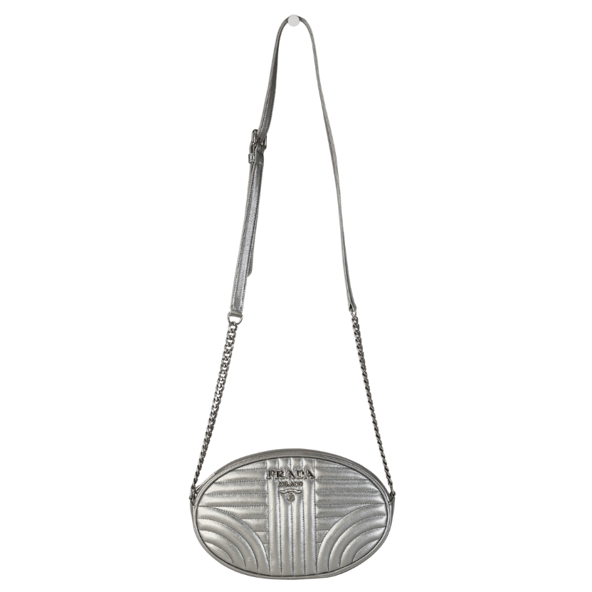 Prada Metallic Silver Diagramme Quilted Oval Crossbody Bag
