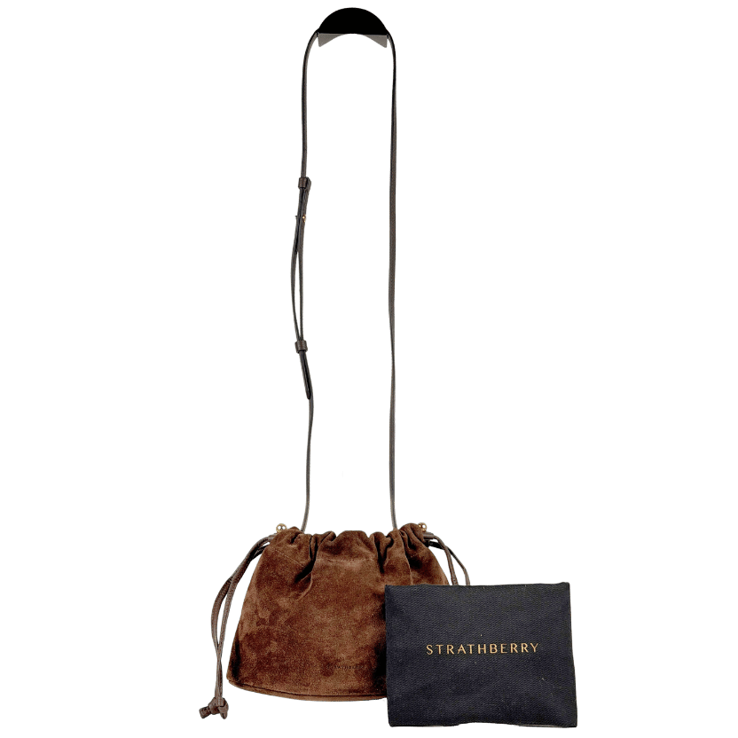 STRATHBERRY Chocolate Brown Suede Leather Charlotte Drawstring Bag