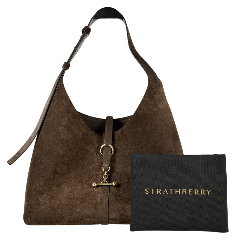 STRATHBERRY Chocolate Brown Suede Kit Tote Bag With Gold Hardware