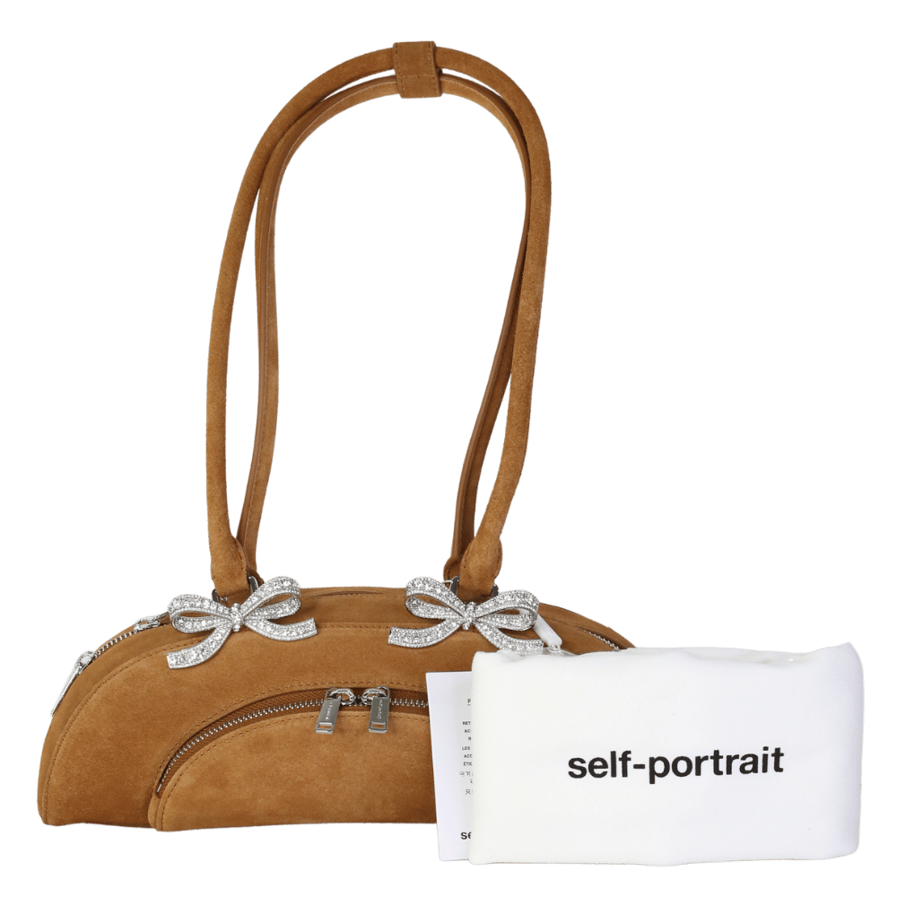 Self-Portrait Tan Brown Suede Embellished Bow-detail Suede Shoulder Bag
