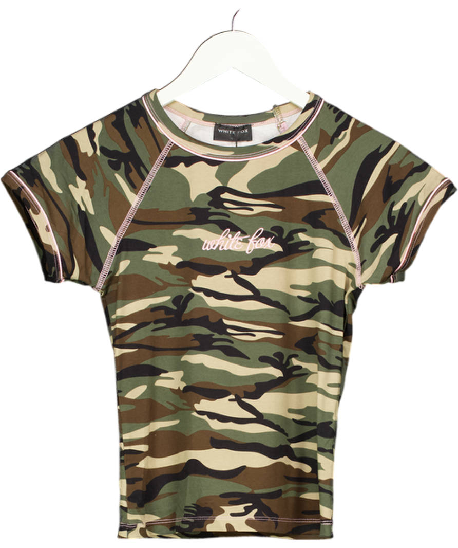 White Fox Green Face Card Baby Tee Camo Print UK S