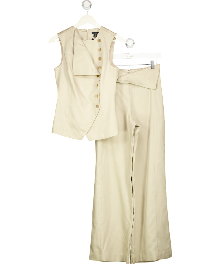KAREN MILLEN 2-piece Beige Tailored Linen Button Top & Front Wide Leg Trouser Set UK 6