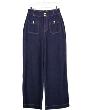 COMMENSE Blue High-waisted Double-button Straight-leg Denim Pants UK S