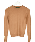 HOLLAND COOPER Beige Buttoned Knit Crew Neck Dark Camel Jumper With Gold Buttons UK XS