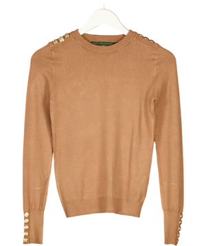 HOLLAND COOPER Beige Buttoned Knit Crew Neck Dark Camel Jumper With Gold Buttons UK XS