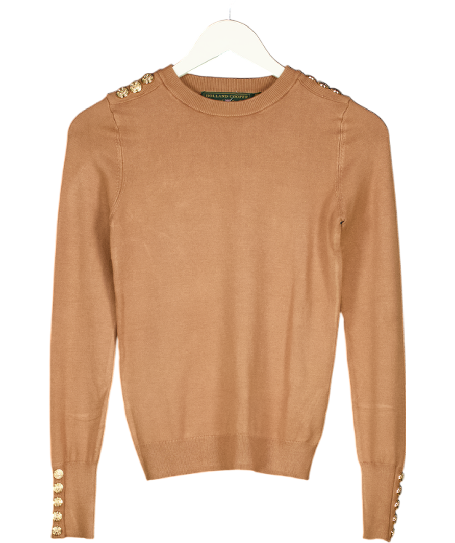 HOLLAND COOPER Beige Buttoned Knit Crew Neck Dark Camel Jumper With Gold Buttons UK XS