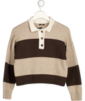 Massimo Dutti Brown & Beige Striped Cropped Cashmere Blend Polo Jumper UK M