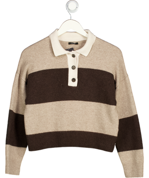Massimo Dutti Brown & Beige Striped Cropped Cashmere Blend Polo Jumper UK M