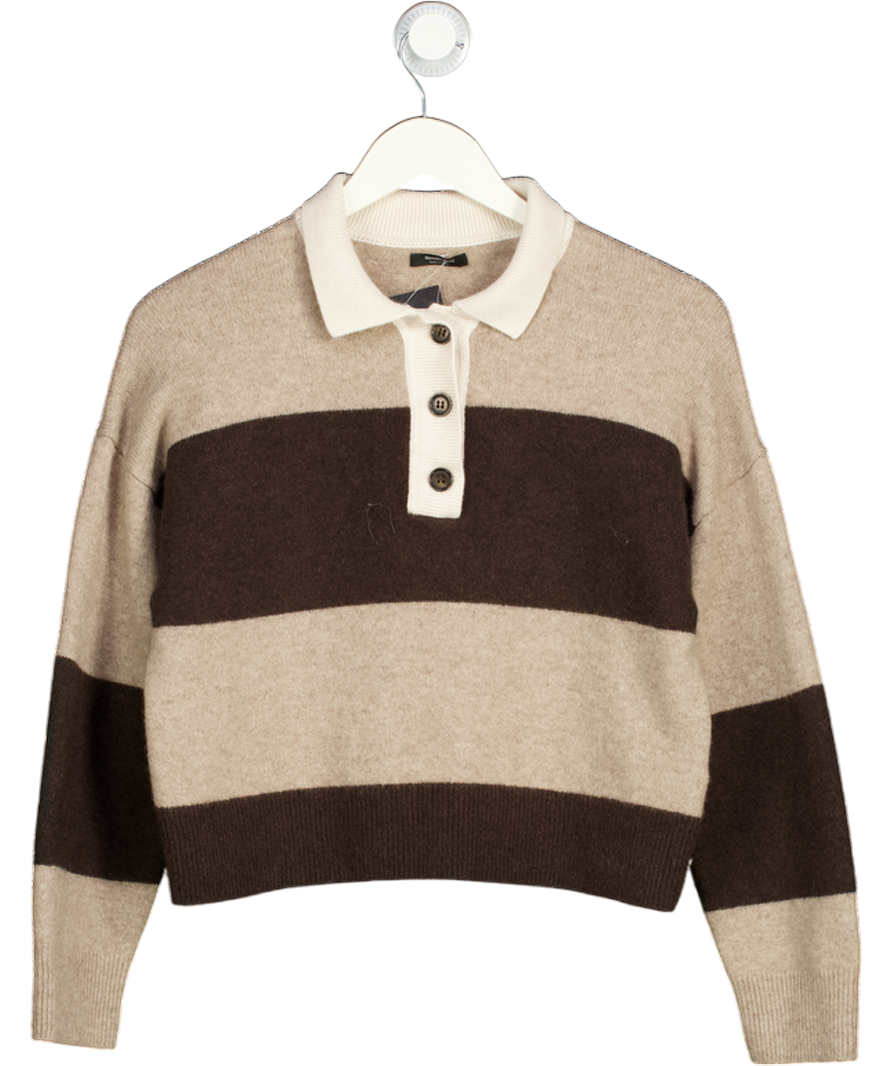 Massimo Dutti Brown & Beige Striped Cropped Cashmere Blend Polo Jumper UK M