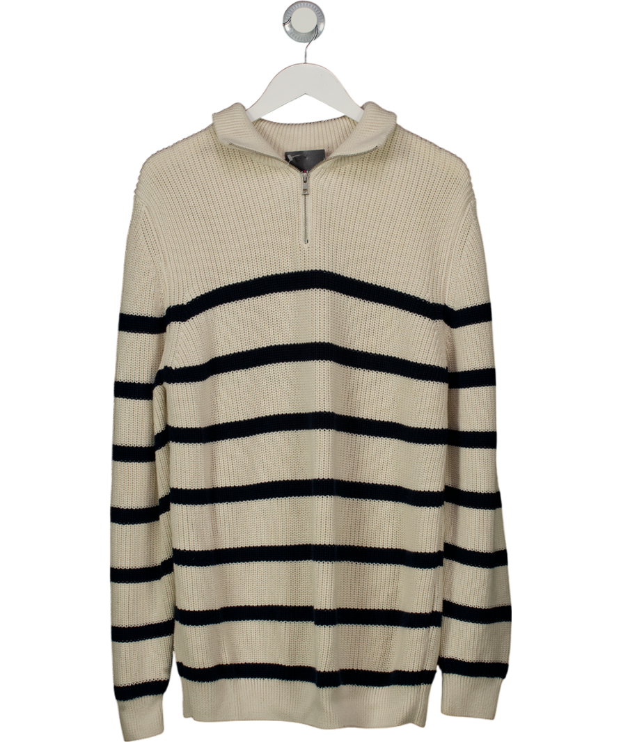 ZARA Cream Knit Quarter Zip Striped Jumper UK L