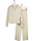 Uniqlo Cream 2-piece Machine Washable Ribbed Knit Collared Polo Top & Wide Leg Lounge Trouser Set UK M