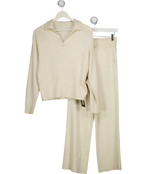 Uniqlo Cream 2-piece Machine Washable Ribbed Knit Collared Polo Top & Wide Leg Lounge Trouser Set UK M