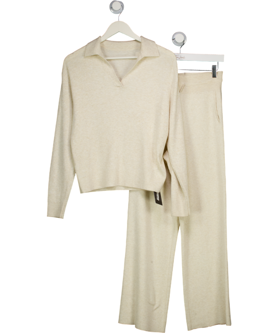 Uniqlo Cream 2-piece Machine Washable Ribbed Knit Collared Polo Top & Wide Leg Lounge Trouser Set UK M