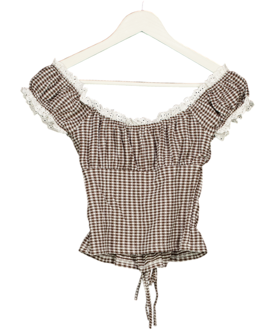 ZARA Brown / White Smocked Gingham Top UK S