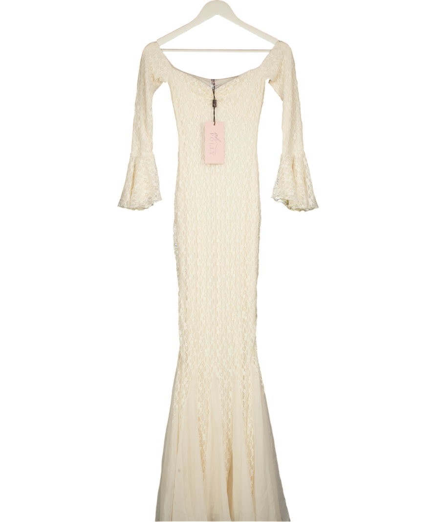 Oh Polly Cream Verena Off-shoulder Ruffle Lace Maxi Dress In Ivory UK S