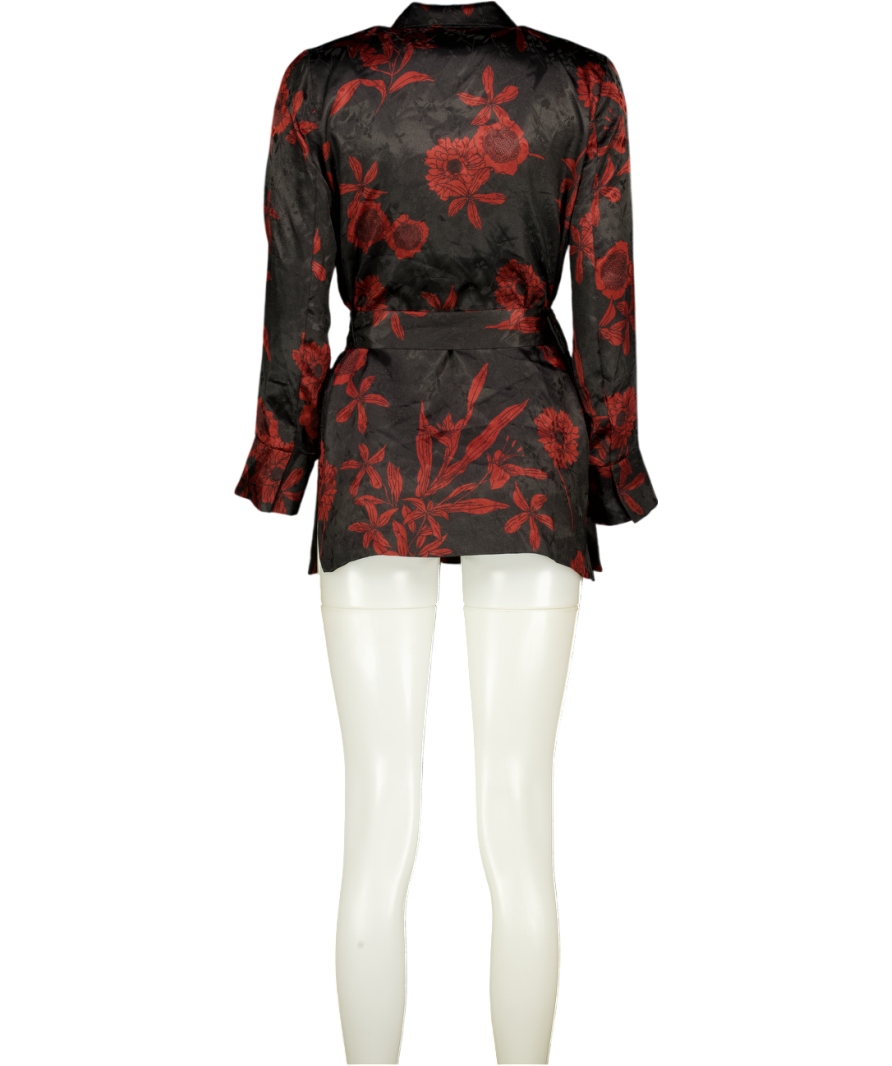 ZARA Black Floral Satin Jacquard Belted Blazer UK XS