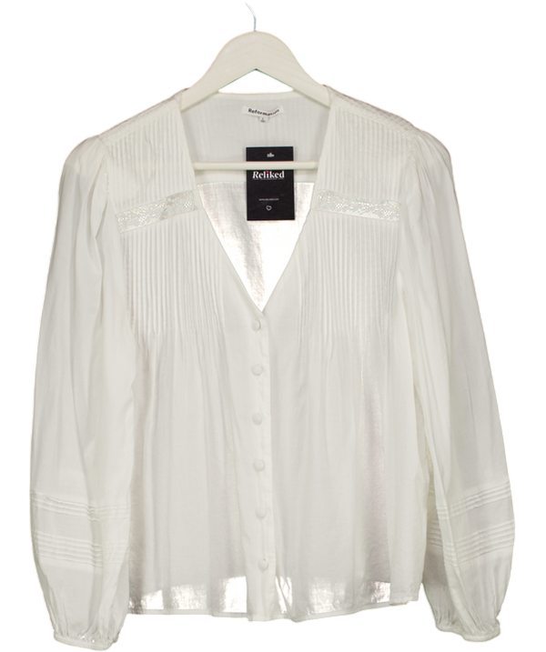 REFORMATION White Lace & Pintuck Detail V-neck Blouse UK L
