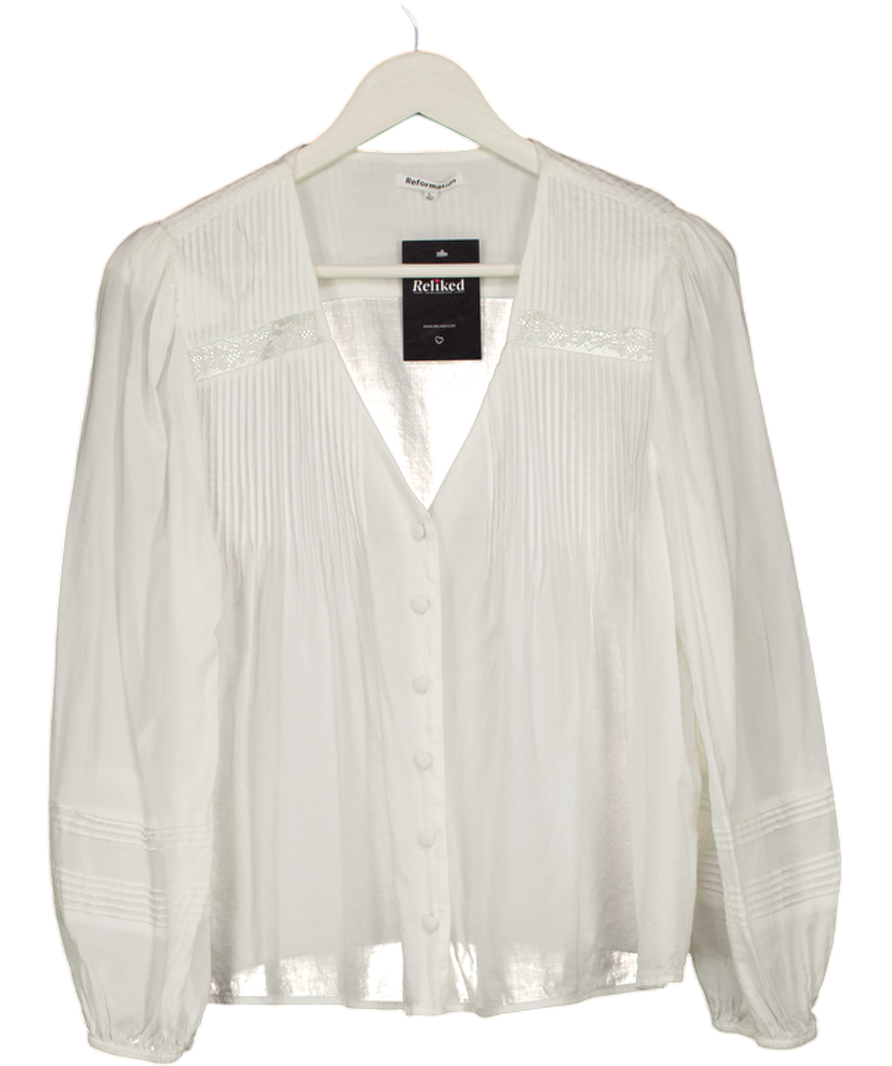REFORMATION White Lace & Pintuck Detail V-neck Blouse UK L