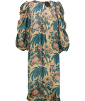 byTIMO Nude / Pink / Blue Birds Printed Crépe Satin Relaxed Puff Sleeve Midi Dress UK L