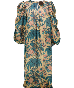 byTIMO Nude / Pink / Blue Birds Printed Crépe Satin Relaxed Puff Sleeve Midi Dress UK L