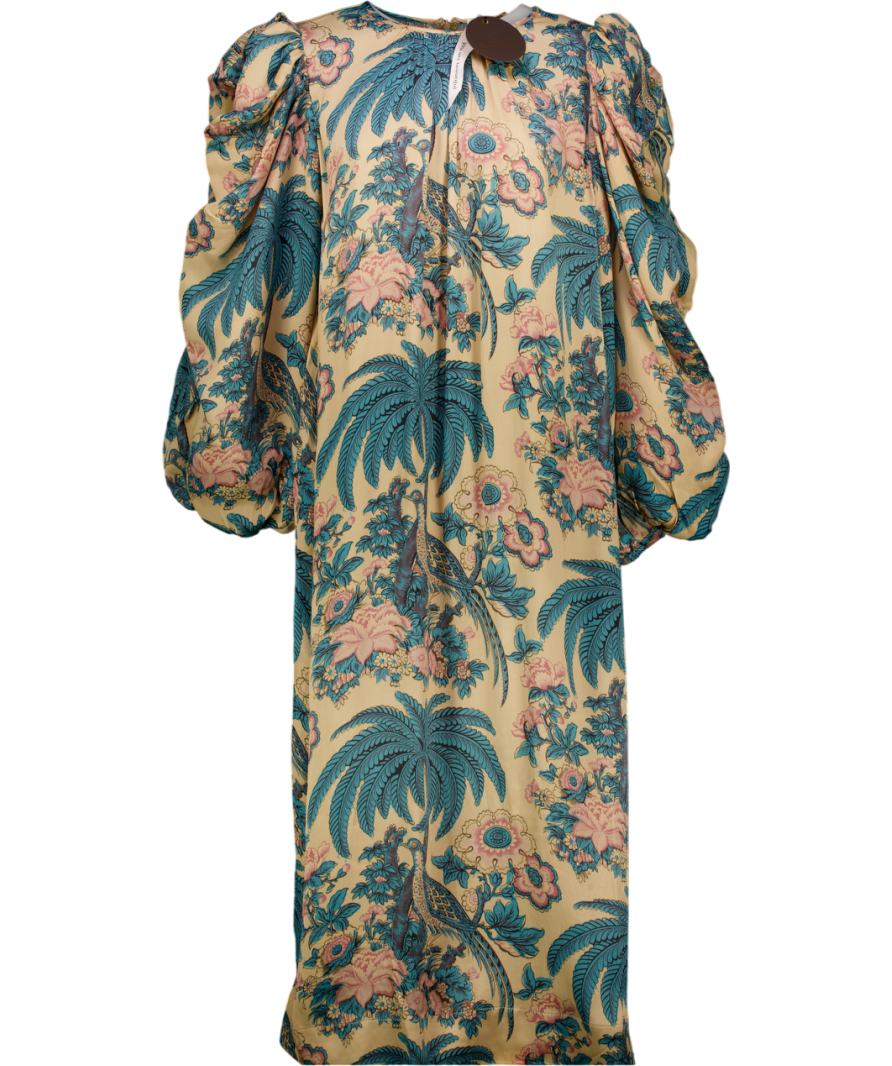 byTIMO Nude / Pink / Blue Birds Printed Crépe Satin Relaxed Puff Sleeve Midi Dress UK L