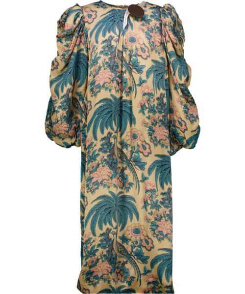 byTIMO Nude / Pink / Blue Birds Printed Crépe Satin Relaxed Puff Sleeve Midi Dress UK L