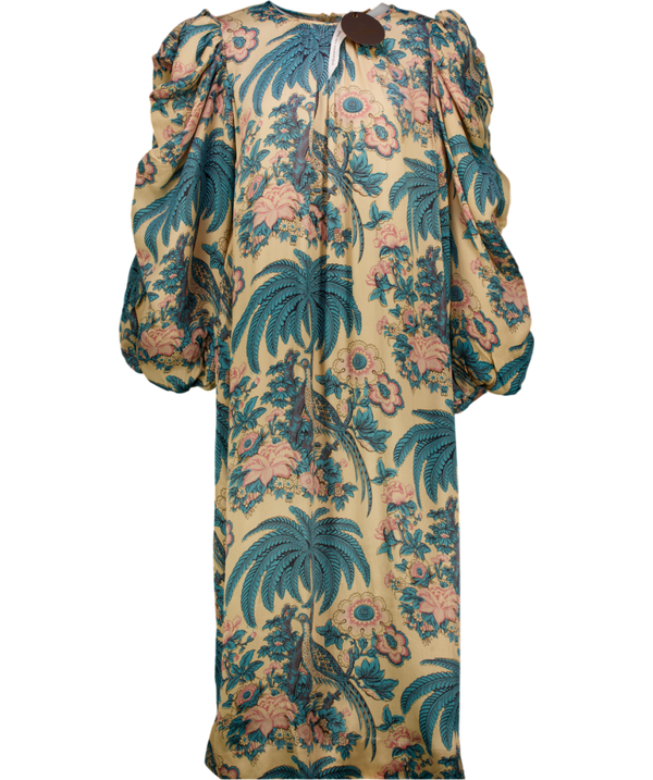 byTIMO Nude / Pink / Blue Birds Printed Crépe Satin Relaxed Puff Sleeve Midi Dress UK L