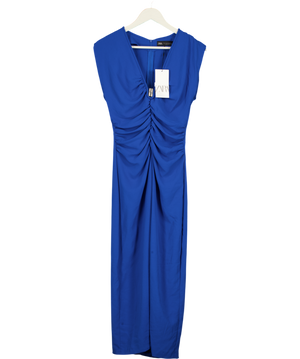 ZARA Blue Ruched Metallic Detail Maxi Dress UK S