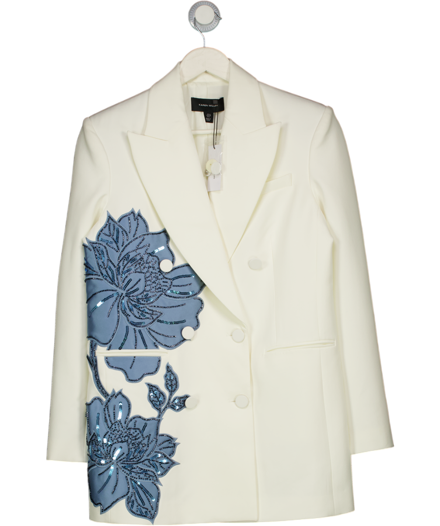 Karen Millen Premium Ivory / Blue Summer Embellished Applique Tailored Jacket UK 10