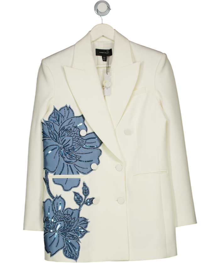 Karen Millen Premium Ivory / Blue Summer Embellished Applique Tailored Jacket UK 10