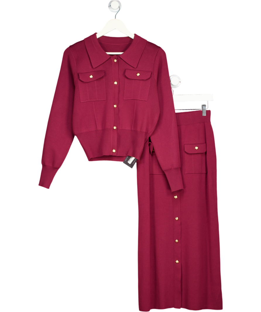 Commense Red Metal Button Collared Cardigan And Midi Skirt Set UK XS