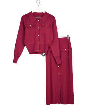 Commense Red Metal Button Collared Cardigan And Midi Skirt Set UK XS